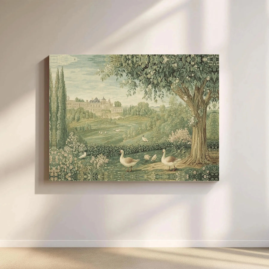 Vintage Chateau Landscape Canvas Print | French Countryside Scene with Geese | 1.25-Inch Gallery Wrap | Premium Wall Decor for Home