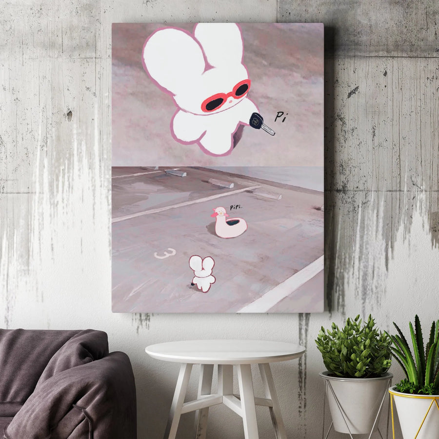 Cute Bunny Vertical Canvas | Surreal Parking Lot Art with Red Sunglasses | Premium Thick Gallery Wrap Canvas | Modern Home & Office Decor Gift