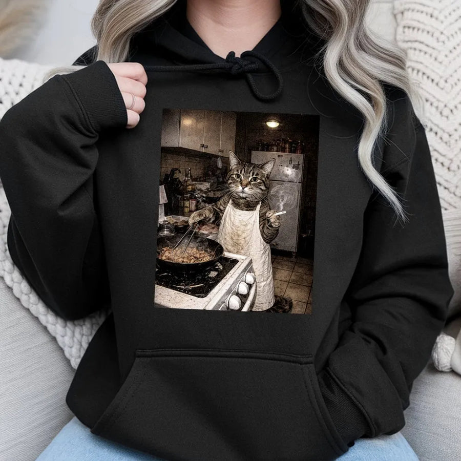 Funny Cat Meme Hoodie | Retro Cooking Cat Graphic | Soft Unisex Crewneck | Gift for Cat Lovers and Meme Fans
