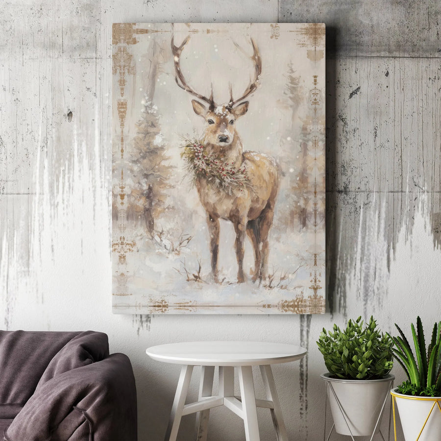 Christmas Stag Canvas Wall Art | Snowy Winter Forest Deer Portrait | Premium Gallery Wrap Decor | Holiday Lodge Farmhouse Gift