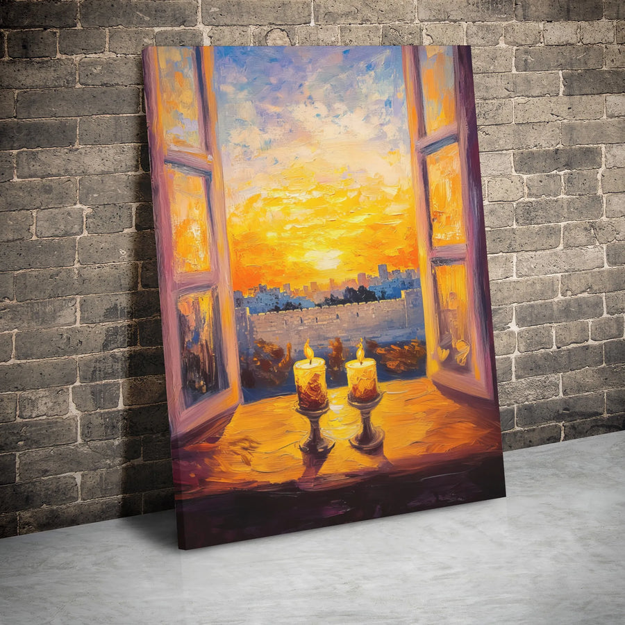 Jerusalem Shabbat Candles Canvas Art | Impressionist Sunset Window View | Premium Gallery Wrap Wall Decor | Spiritual Jewish Home Gift