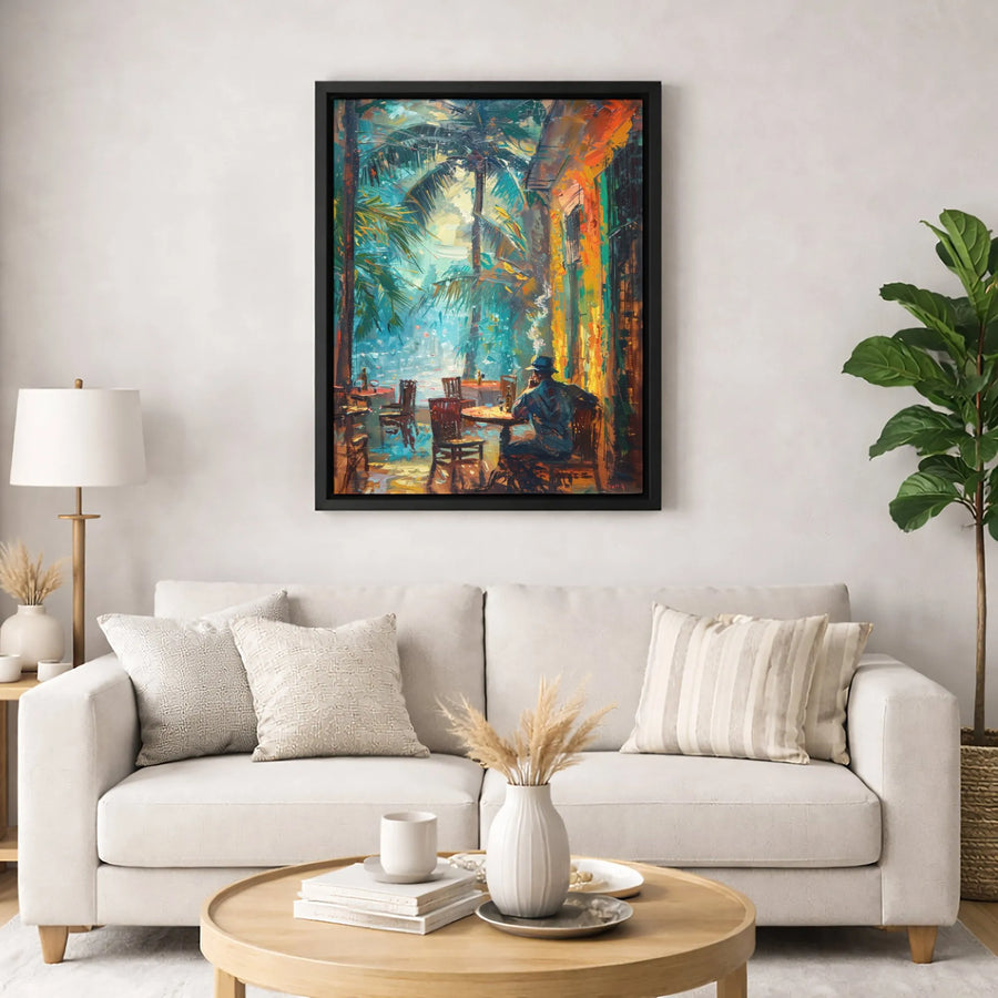 Tropical Cafe Impressionist Wall Art | Man in Fedora Palm Tree Painting | 1.25” Thick Gallery Canvas | Atmospheric Home Decor Gift