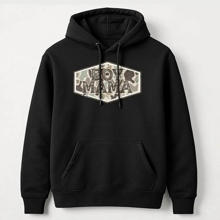 Boy Mama Camo Hoodie | Hunting Season Graphic Sweatshirt | Premium Cotton Blend | Gift for Proud Mom of Boys