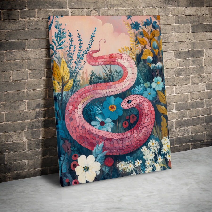 Pink Snake Wall Art | Whimsical Wildflower Garden Print | Gallery-Quality Canvas | Unique Nature Lover Home Decor Gift