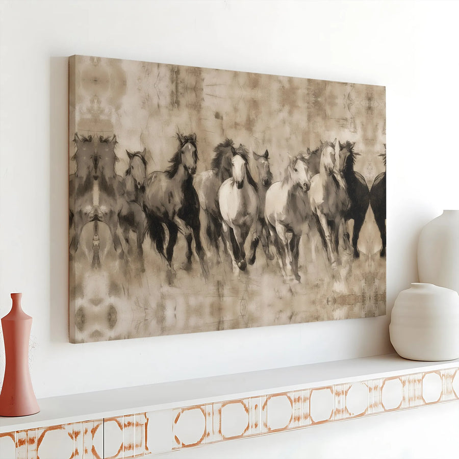 Running Horse Canvas Wall Art | Sepia Tone Wild Equine Herd | 1.25" Gallery Wrap Premium Print | Rustic Western Home Office Decor Gift