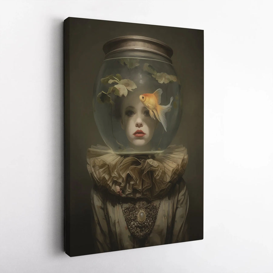 Surreal Portrait Canvas Art | Goldfish Bowl Head Victorian Lady | Premium Gallery Wrapped Wall Decor | Whimsical Moody Home Office Gift