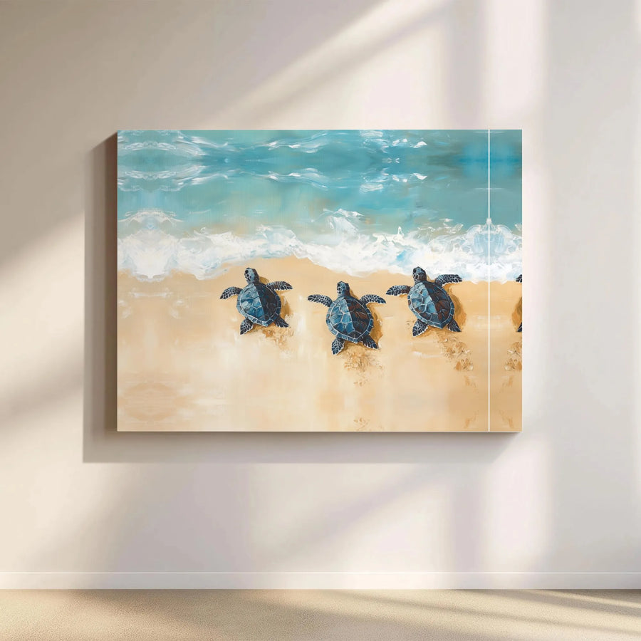 Sea Turtle Canvas Wall Art | Baby Turtles Journey to the Sea Painting | Thick Gallery Wrapped Canvas | Coastal Home Decor Gift for Ocean Lovers