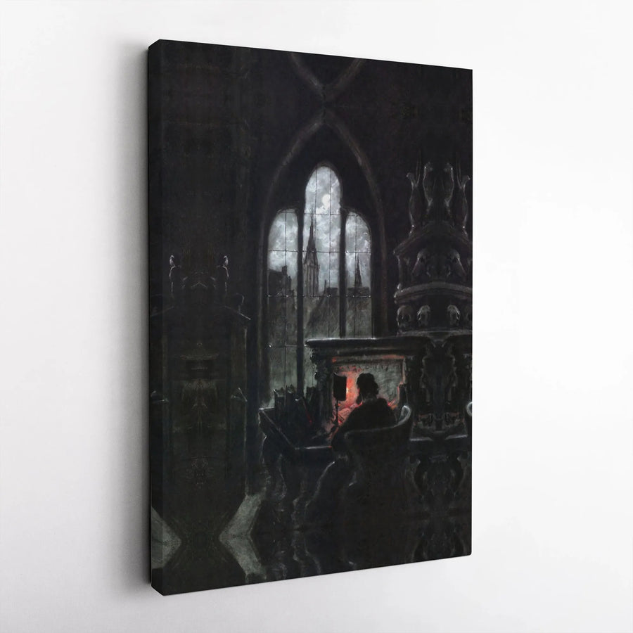 Gothic Scholar Canvas Art | Dark Academia Firelight Cathedral Scene | Premium Gallery-Wrapped Print | Moody Home Decor Gift