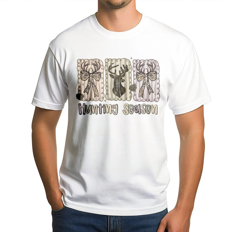 Hunting Season T-Shirt | Camo Deer Antler and Bow Graphic | Premium 100% Cotton | Country Girl Fall Gift for Outdoors Lovers