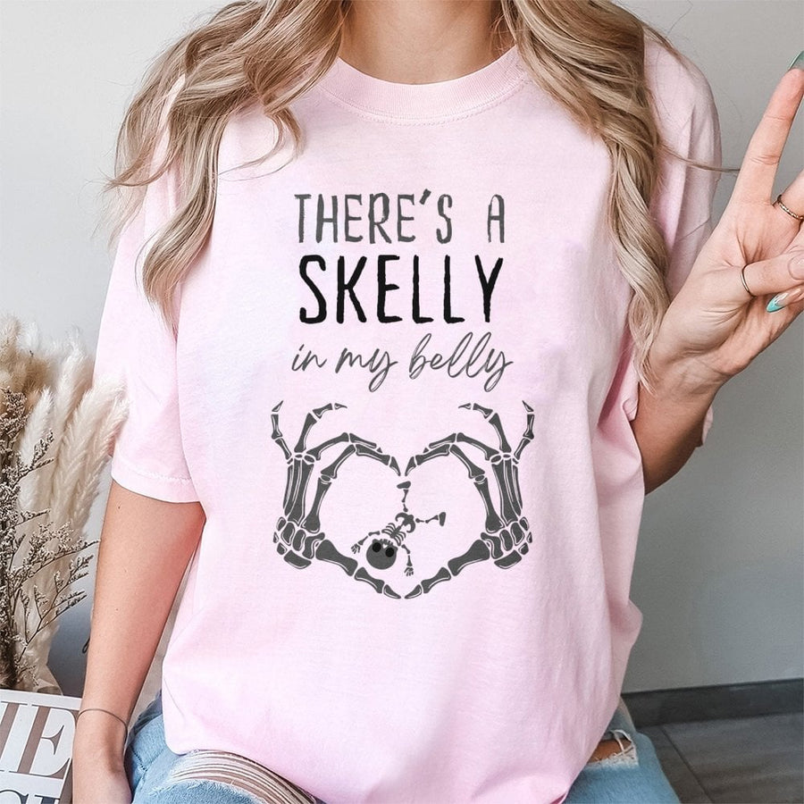 Skelly In My Belly Maternity T-Shirt | Funny Skeleton Baby Pregnancy Announcement | Soft Cotton Halloween Graphic Tee | Gift For Expecting Mom