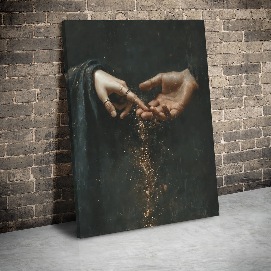 Two Hands Touching Canvas Print | Renaissance Style Gold Dust Wall Art | Gallery Wrapped Premium Canvas | Elegant Spiritual Home Decor Gift