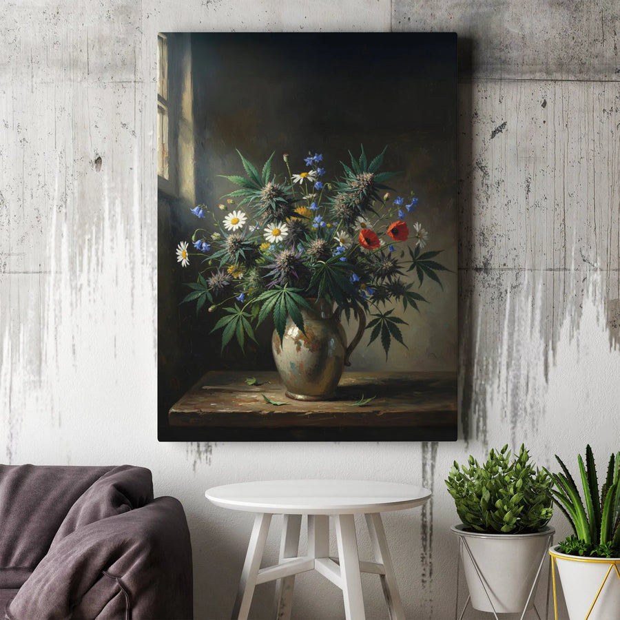 Marijuana Still Life Wall Art | Vintage Cannabis & Wildflower Bouquet Painting | Premium Canvas Print | Unique Stoner Home Decor Gift for Art Lovers