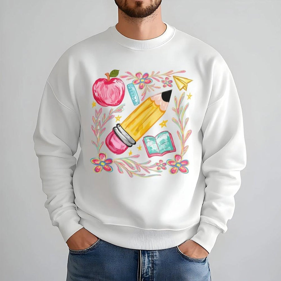 Teacher Appreciation Sweatshirt | Floral School Supplies Graphic | Soft Cotton Blend Crewneck | Cute Back To School Gift For Educators
