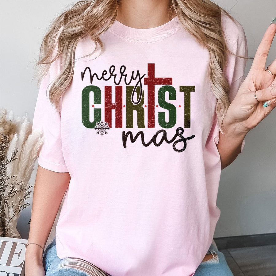 Religious Christmas T-Shirt | Merry Christ-mas Cross Typographic Design | Soft 100% Cotton Premium Tee | Christian Holiday Faith Gift for Adults