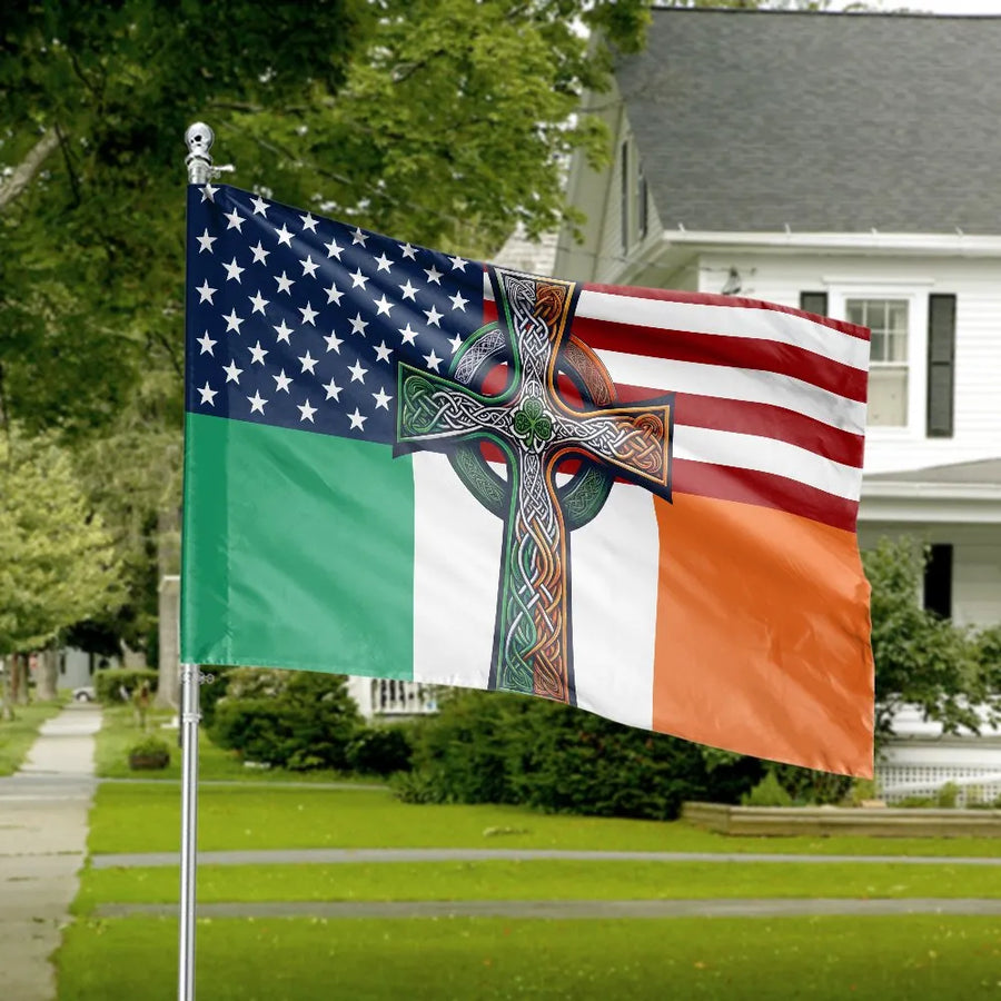Irish American Celtic Cross Flag | USA Ireland Hybrid with Celtic Knot | Premium Weather-Resistant Polyester | St Patrick's Day Gift for Irish Americans