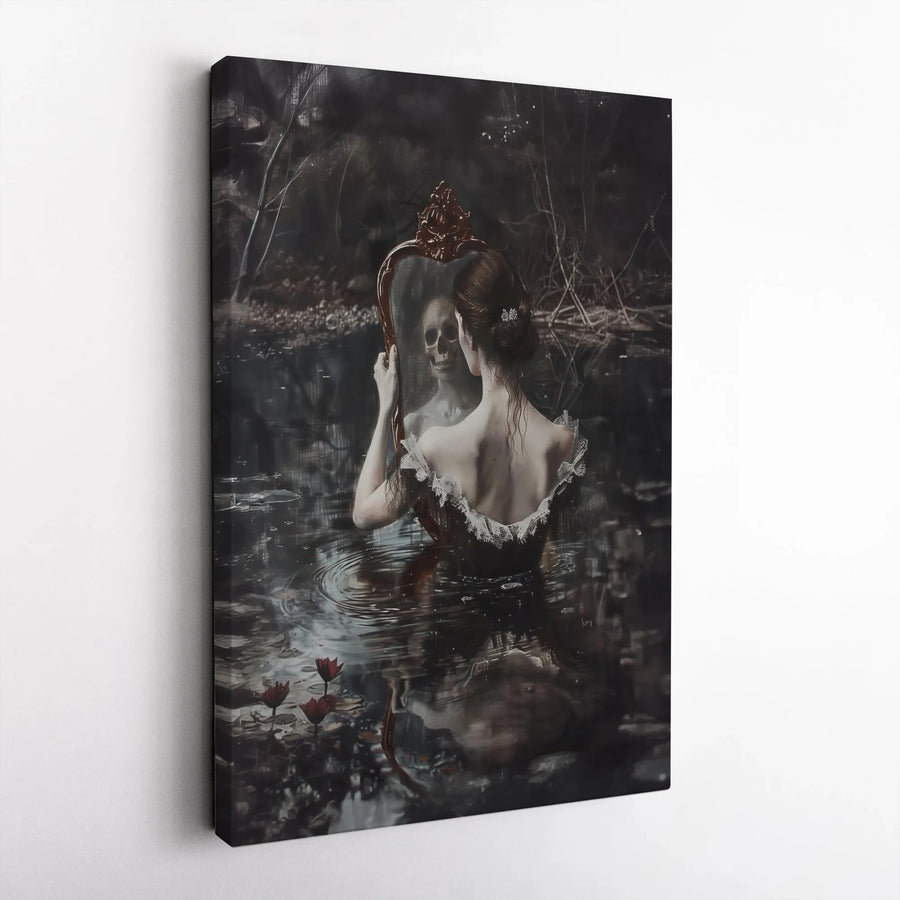 Gothic Wall Art Canvas | Dark Surreal Skull Reflection Mirror Print | Premium Gallery Wrap Decor | Moody Macabre Home Gift