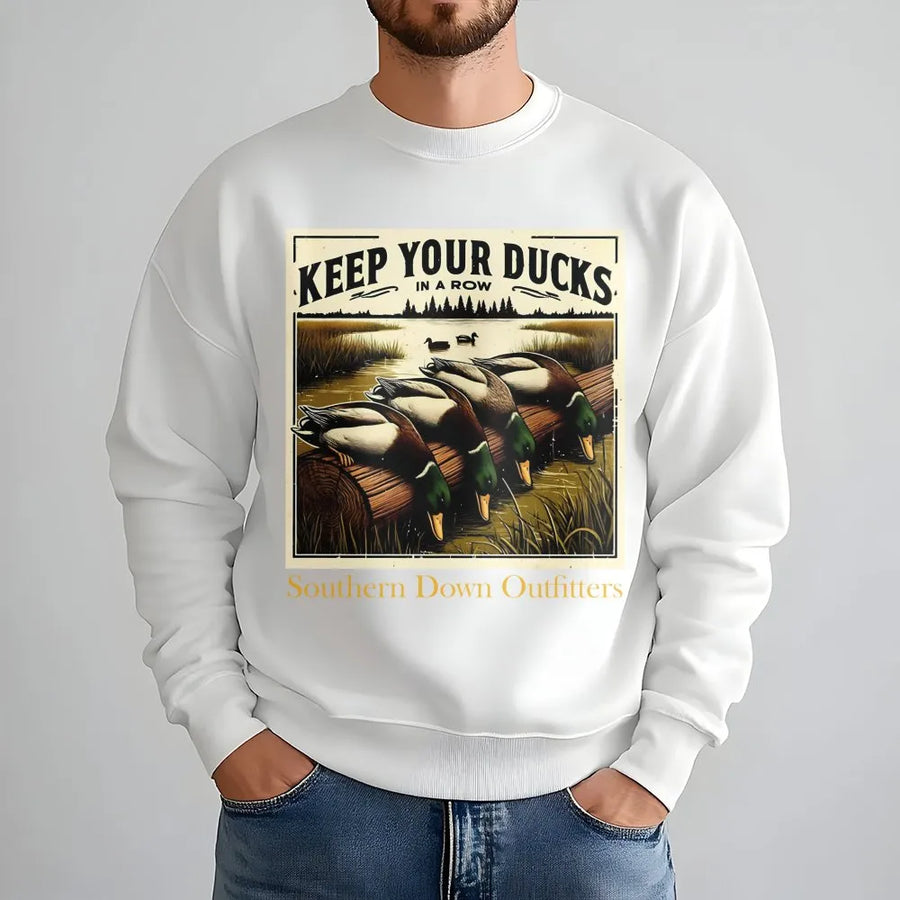 Keep Your Ducks In A Row Sweatshirt | Vintage Mallard Duck Hunting Graphic | Premium Cotton Blend | Gift For Outdoorsman And Nature Lovers