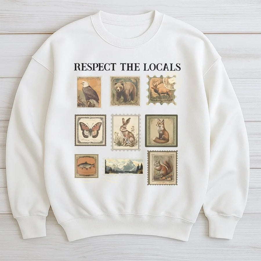 Respect The Locals Wildlife Sweatshirt | Vintage Postage Stamp Animal Graphic | Premium Soft Cotton | Gift for Nature Lover & National Park Hiker