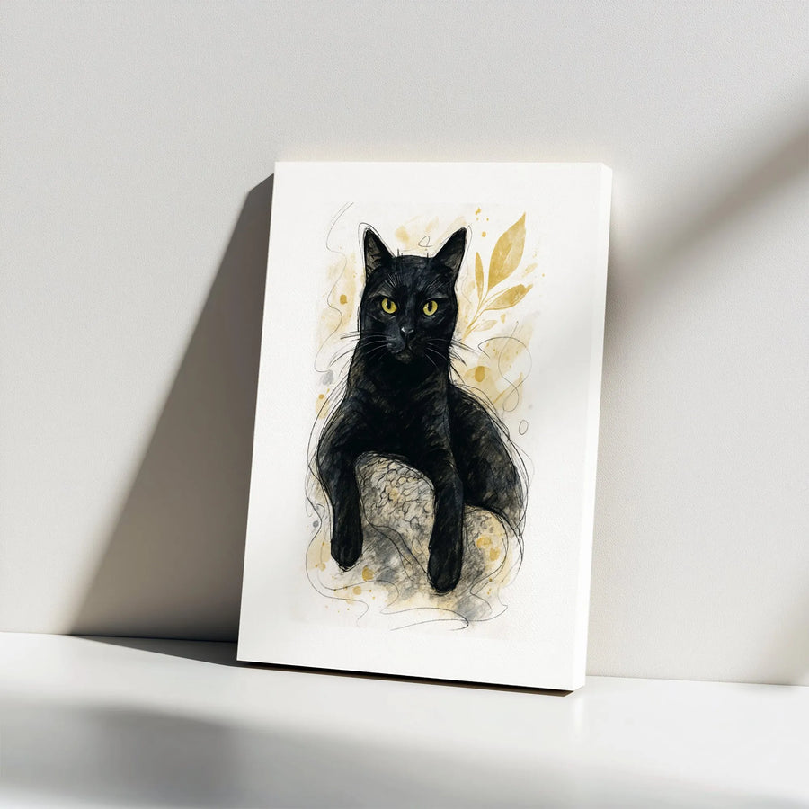 Black Cat Canvas Wall Art | Watercolor Sketch Animal Portrait | Premium Gallery Wrap Print | Modern Home Office Decor Gift