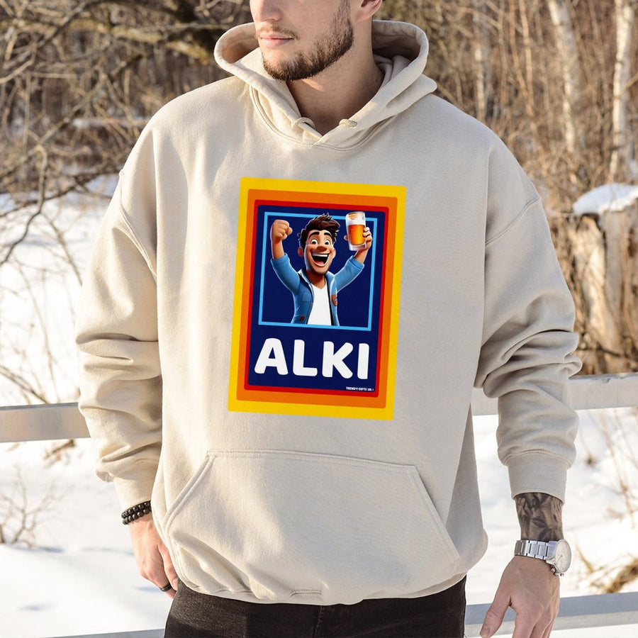 Alki Funny Graphic Hoodie | Beer Lover Drinking Cartoon Design | Premium Cotton Blend | Gift For Him or Her Unisex Pullover