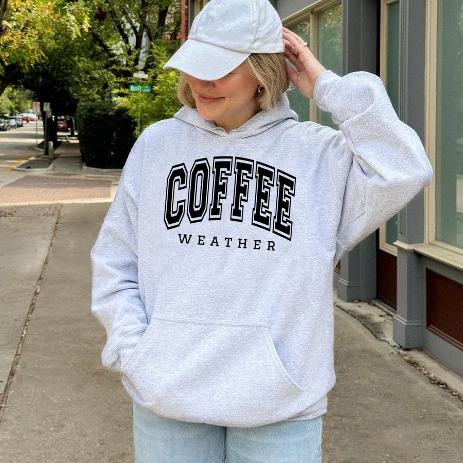 Coffee Weather Hoodie | Collegiate Varsity Graphic Pullover | Soft Cotton Blend | Fall Aesthetic Gift for Coffee Lovers