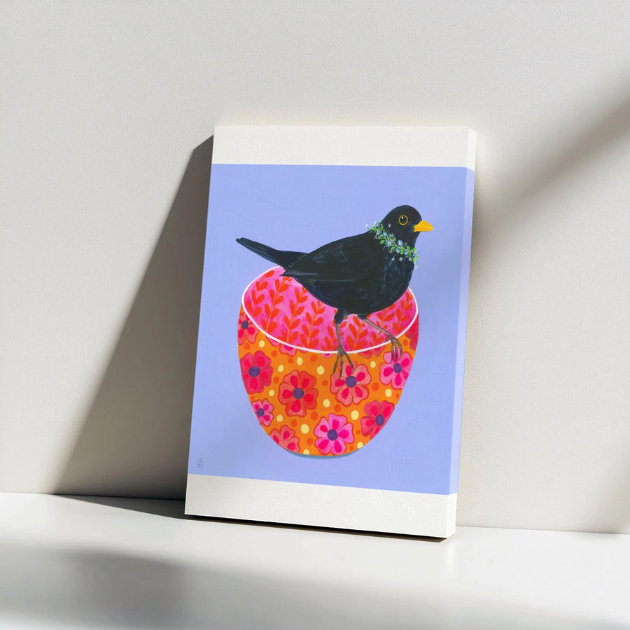 Folk Art Blackbird Vertical Canvas | Colorful Bird with Flower Wreath Print | Premium Gallery Wrapped Wall Art | Unique Gift for Bird Lover