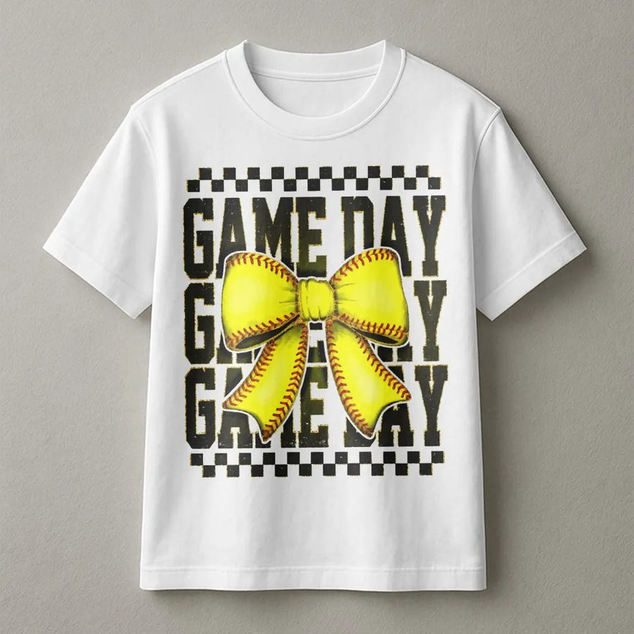 Softball Game Day T-Shirt | Coquette Bow Graphic Tee | Premium 100% Cotton Shirt | Trendy Sports Gift for Softball Mom and Players