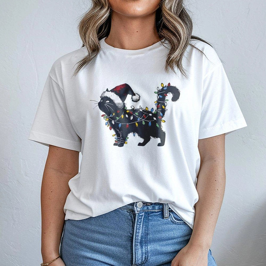 Christmas Cat T-Shirt | Black Kitten Tangled in Holiday Lights Graphic | 100% Premium Cotton Tee | Funny Xmas Gift for Cat Lovers