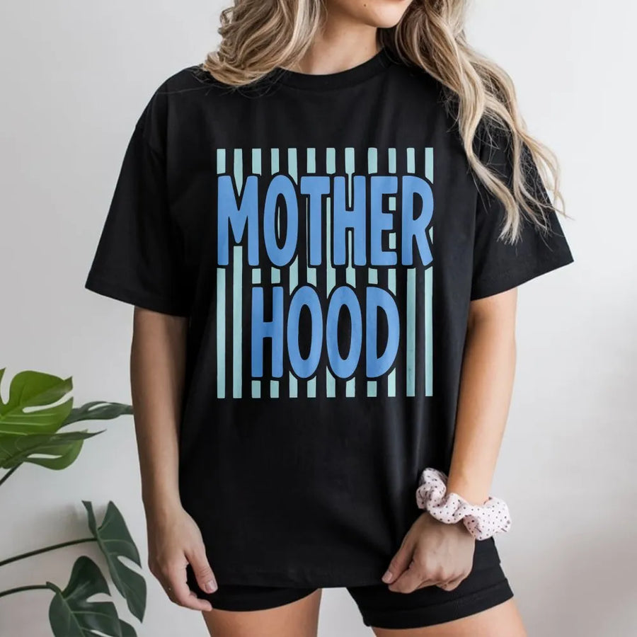 Motherhood Graphic T-Shirt | Striped Preppy Typography Print | Soft Cotton Apparel | Meaningful Mother's Day Gift For New Moms