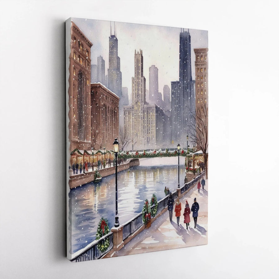 Chicago Riverwalk Winter Canvas Print | Snowy Cityscape Holiday Wall Art | Premium Gallery-Wrapped Decor | Gift for Chicago Lovers
