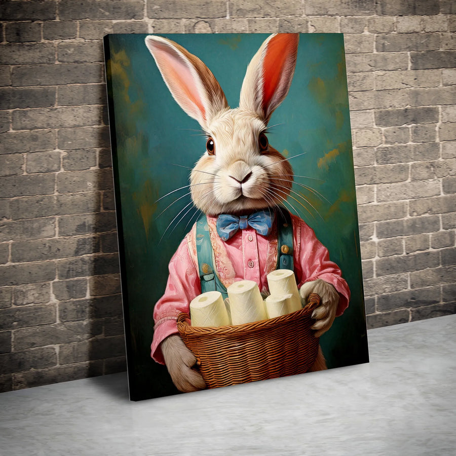 Funny Rabbit Toilet Paper Canvas Wall Art | Vintage Animal Portrait with Bow Tie | Premium Gallery Wrap Canvas | Quirky Bathroom Decor Housewarming Gift
