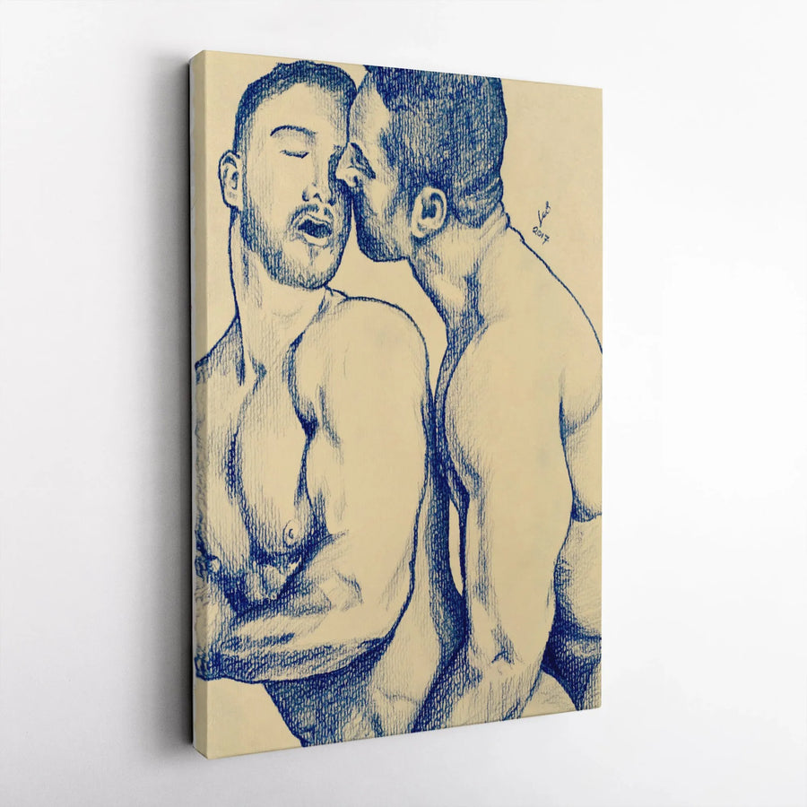 Gay Male Couple Art Canvas | Intimate Blue Sketch | Premium 1.25" Gallery Wrap | Bedroom Wall Decor for Men & Collectors