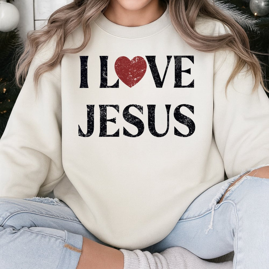 I Love Jesus Sweatshirt | Distressed Heart Graphic Crewneck | Premium Cotton Blend | Christian Faith Gift for Men and Women