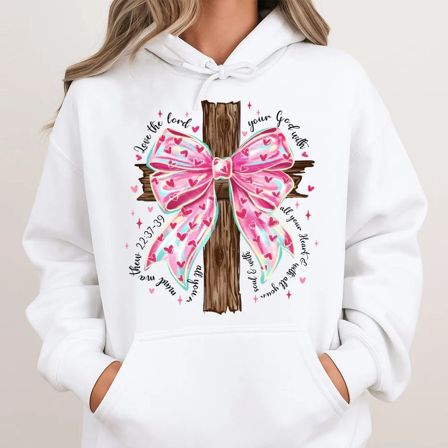 Matthew 22:37-39 Bible Verse Hoodie | Pink Coquette Bow and Wooden Cross | Premium Cotton Blend | Christian Gift for Women and Men
