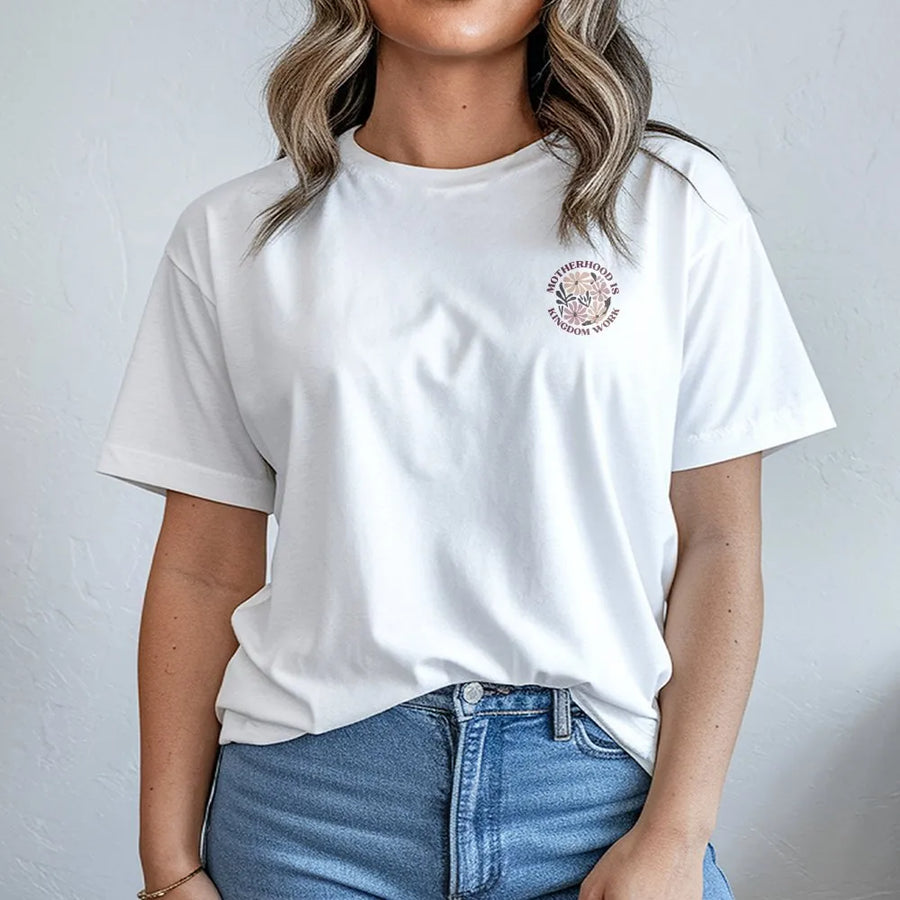Motherhood Is Kingdom Work T-Shirt | Retro Floral Graphic Tee | Soft Cotton Christian Apparel | Gift for Mom of Faith