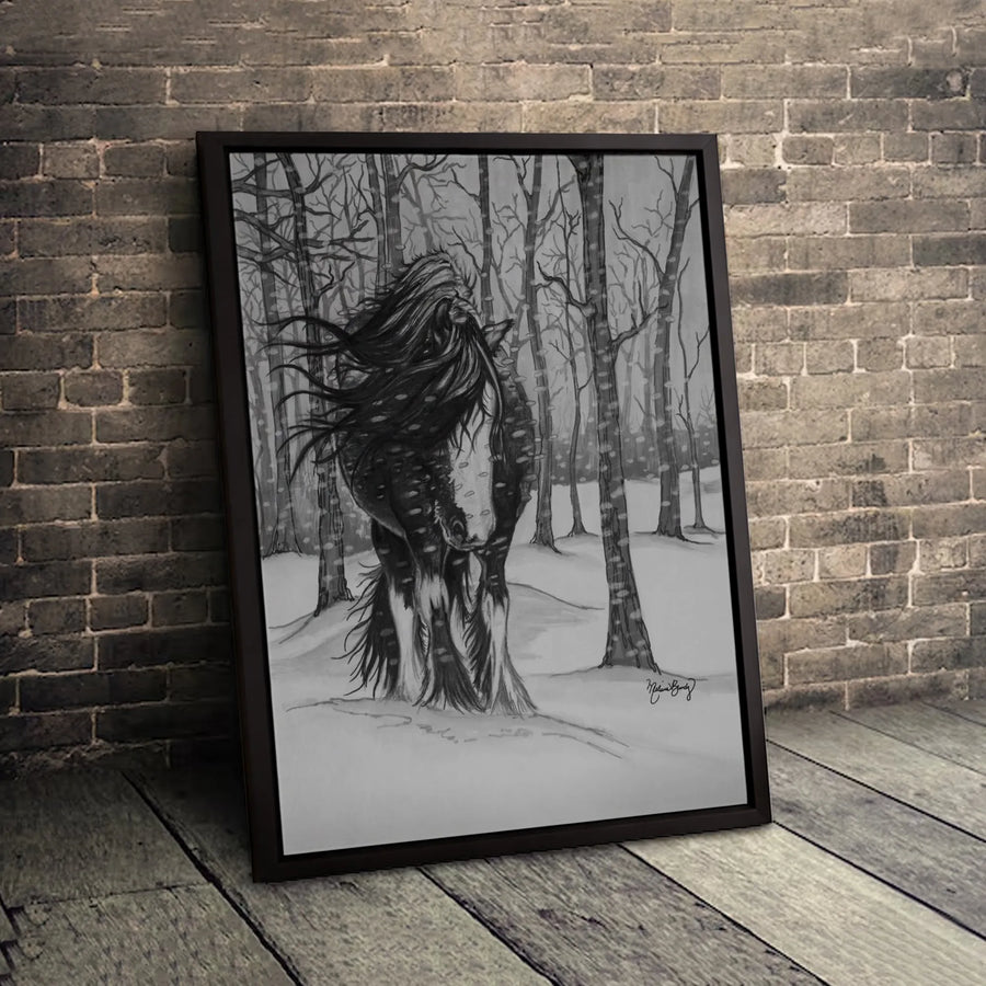 Clydesdale Horse Canvas Print | Snowy Winter Forest Sketch | Premium Gallery Wrapped Wall Art | Equestrian Home Decor Gift
