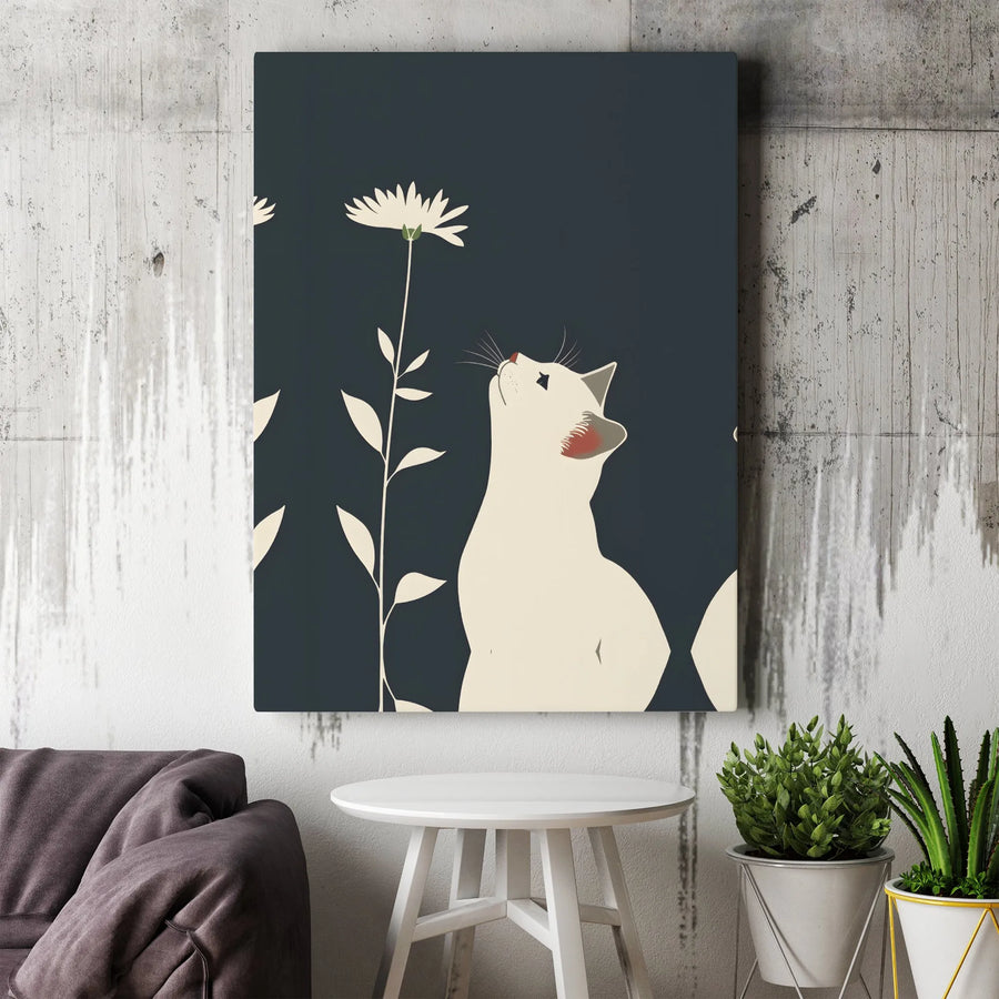 Minimalist White Cat Canvas Print | Modern Floral Daisy Wall Art | Premium 1.25-Inch Gallery Wrap | Aesthetic Home Decor Gift for Cat Lovers