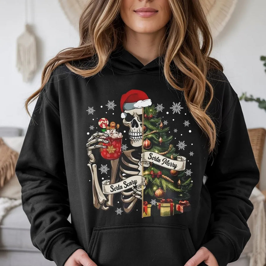 Sorta Merry Sorta Scary Hoodie | Skeleton Christmas Tree Graphic | Soft Cotton-Blend Premium Unisex Sweatshirt | Funny Spooky Christmas Gift Idea