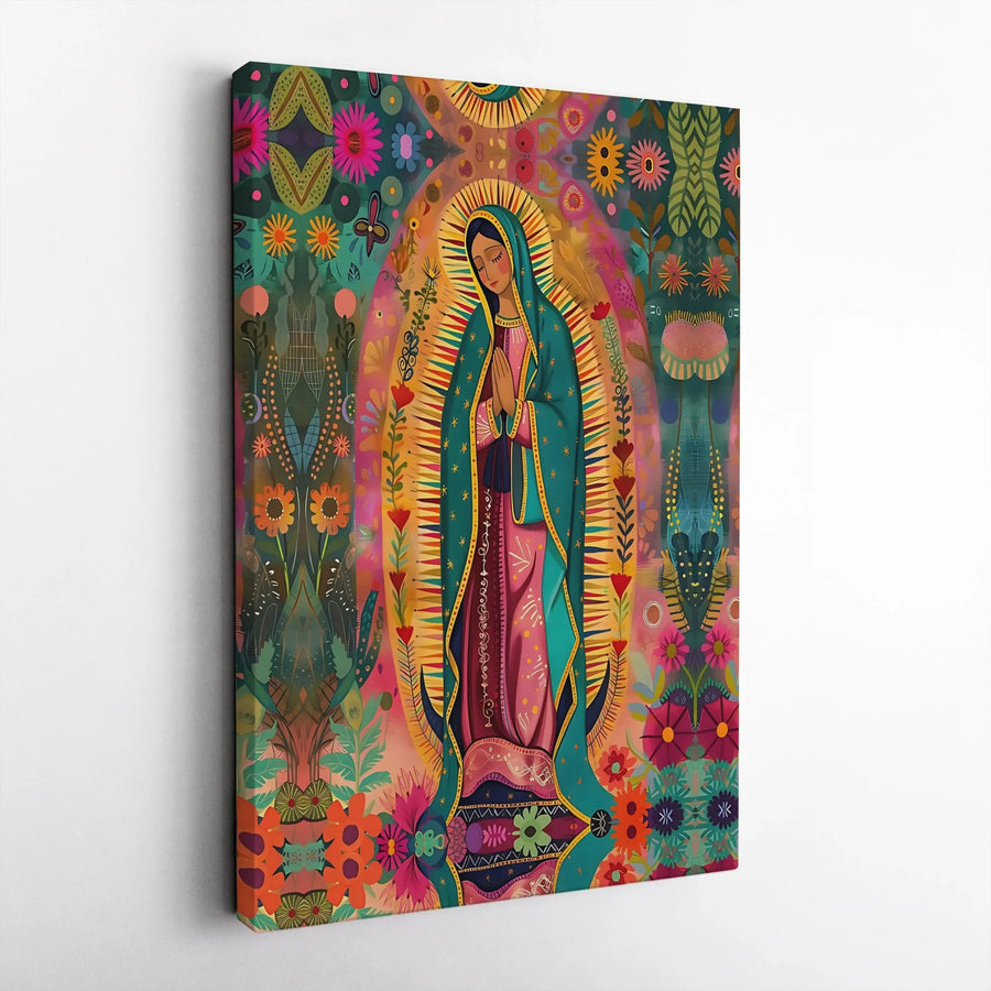 Our Lady of Guadalupe Canvas Art | Colorful Floral Folk Art Print | Premium 1.25-Inch Thick Gallery Wrap | Religious Home Wall Decor Gift