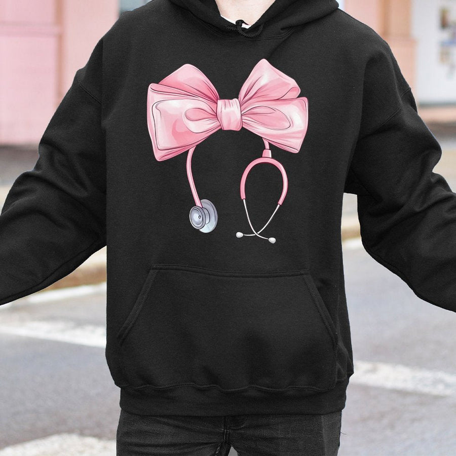 Coquette Nurse Stethoscope Hoodie | Cute Pink Bow Graphic Aesthetic | Soft Cotton-Blend Pullover | Nursing Student Gift & Appreciation Sweatshirt