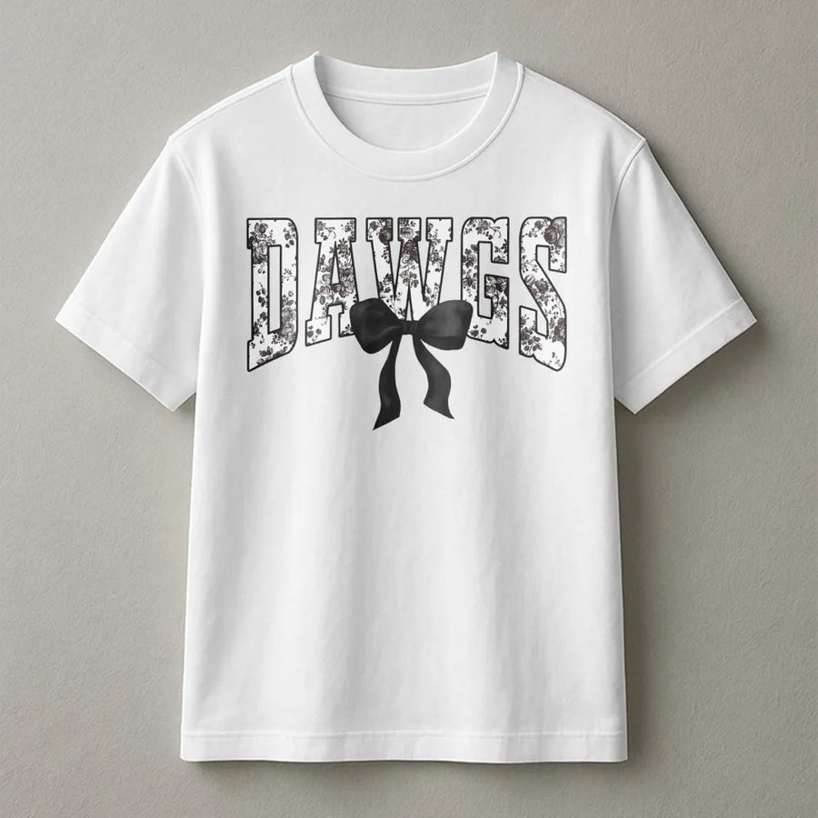 Dawgs Football T-Shirt | Coquette Aesthetic Floral Bow Print | Premium Soft Cotton Tee | Trendy Game Day Apparel Gift for Her