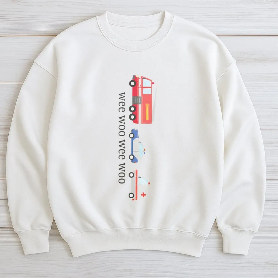 Wee Woo Sweatshirt | Cute Emergency Vehicle Graphic | Premium Cotton Blend Crewneck | Gift for Kids Toddler Truck Enthusiast