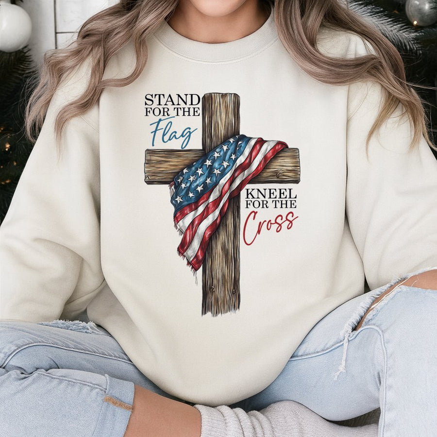 Stand For The Flag Kneel For The Cross Sweatshirt | Patriotic American Flag & Religious Wood Cross Design | Premium Cotton Blend | Faith & Country Gift for Him or Her