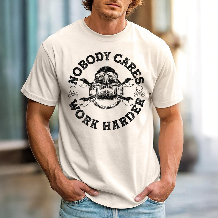 Nobody Cares Work Harder T-Shirt | Industrial Skull Wrench Design | 100% Cotton Premium Tee | Motivational Gym Streetwear Gift for Him or Her