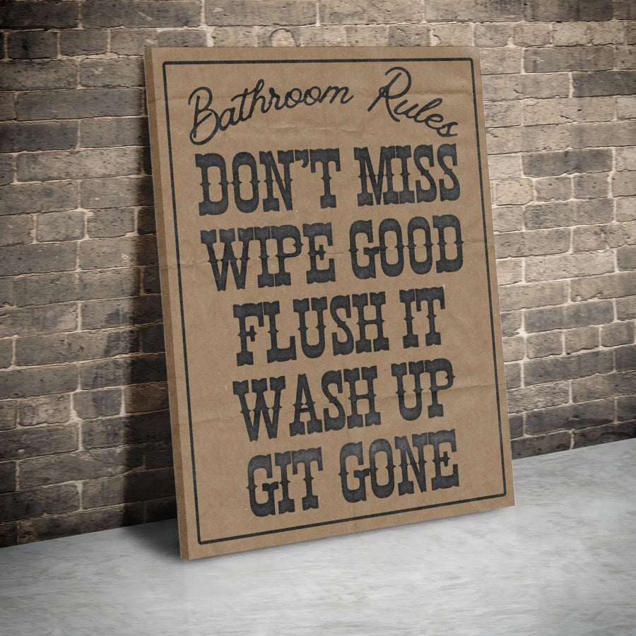 Bathroom Rules Wall Art | Rustic Farmhouse Sign | 1.25 Inch Gallery Wrapped Canvas | Funny Home Decor Gift For Restroom