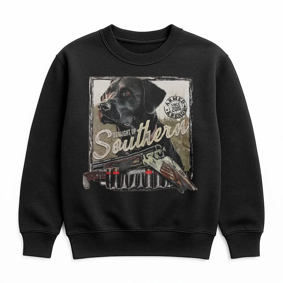 Southern Hunting Sweatshirt | Black Lab Retriever & Shotgun Graphic | Premium Cotton Blend Sweatshirt | Gift for Outdoorsman and Dog Lover