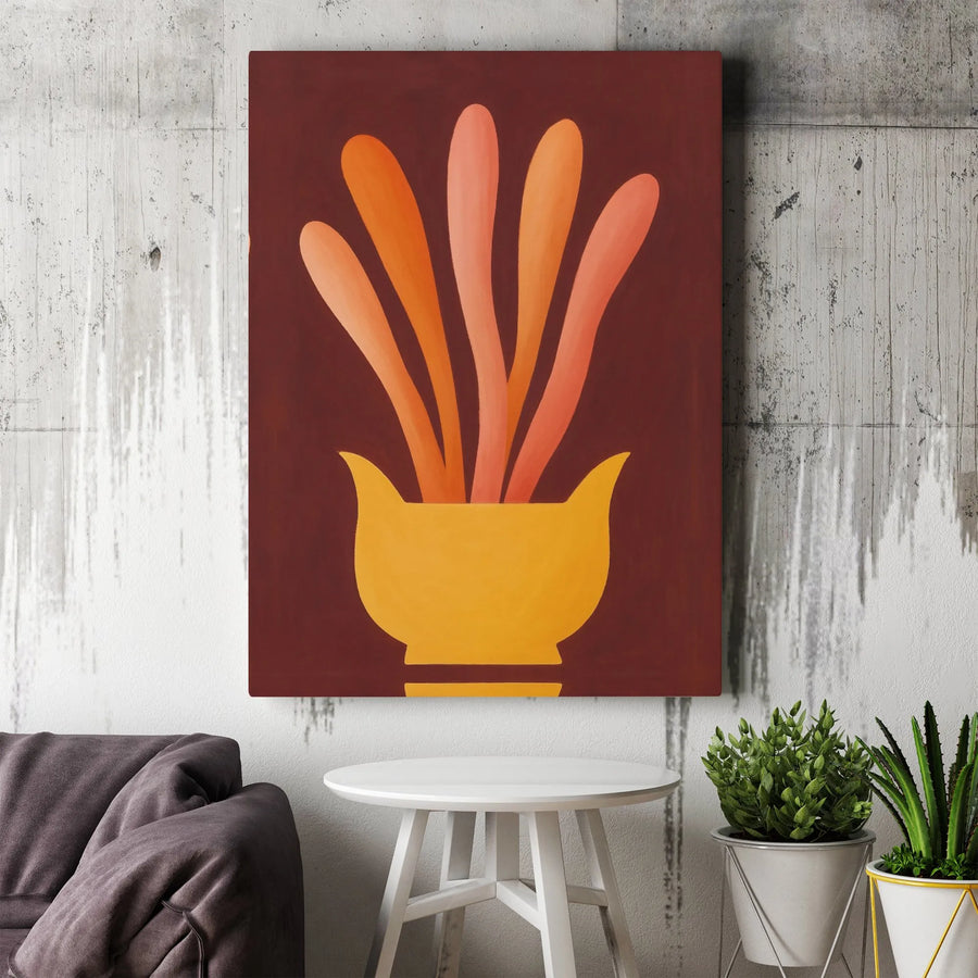 Abstract Floral Canvas Print | Minimalist Botanical Art in Yellow Vase | Premium Gallery Wrap Wall Decor | Modern Home Office Statement Piece