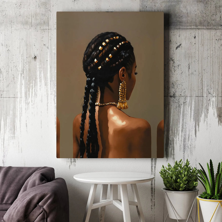Black Woman Portrait Wall Art | African American Female Braids Design | Gallery Quality Canvas Print | Elegant Modern Home Decor Gift