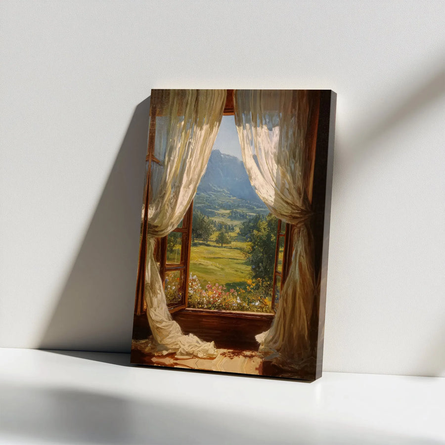Open Window Canvas Wall Art | Vintage Countryside Landscape Painting | Premium Frameless Canvas Print | Gift for Nature Lover, Living Room Decor