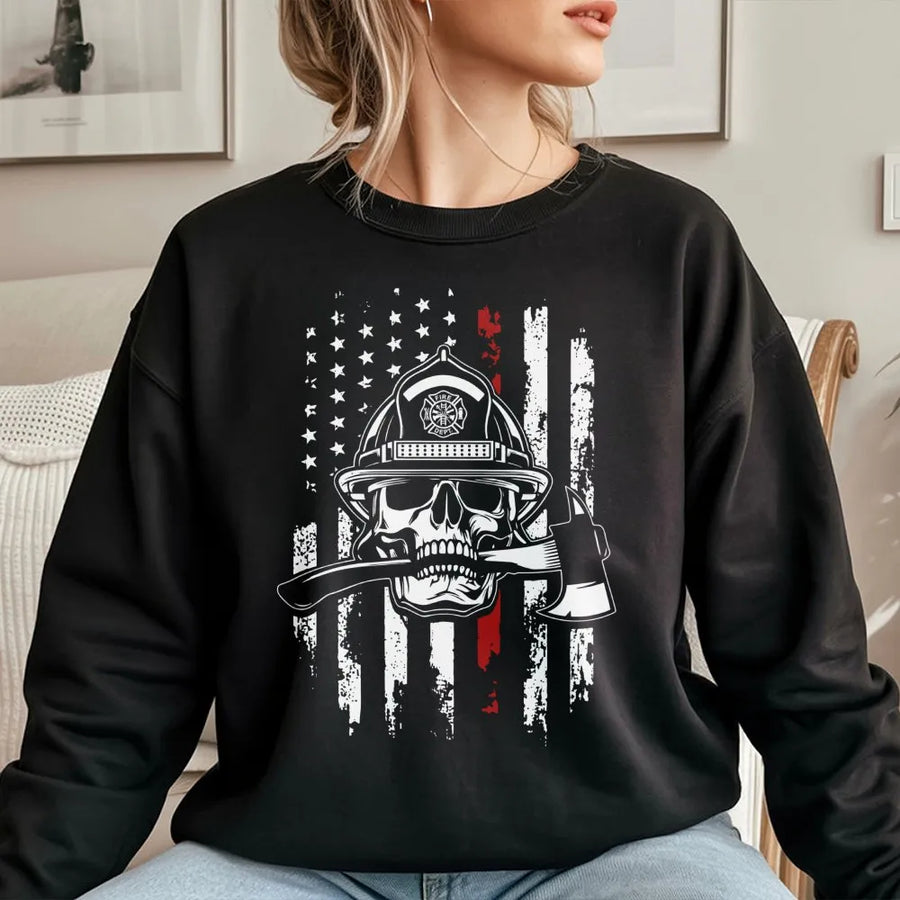 Firefighter Skull Sweatshirt | Thin Red Line Flag Axe Graphic | Premium Cotton Blend | Gift for Fireman Fire Dept Pride Hero Apparel